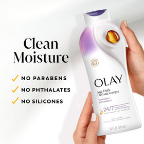 Olay in-shower use with woman applying wash for hydrated, soft-feeling skin