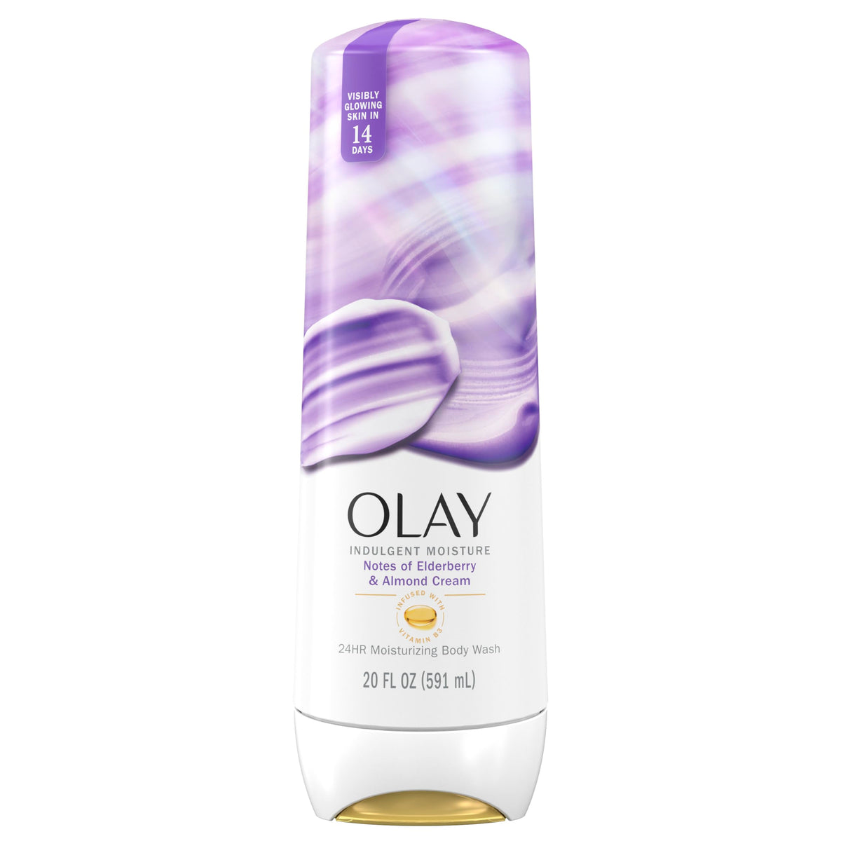 Olay front packaging showing bottle and label for a luxurious shower benefit