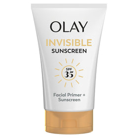 Olay front packaging of Invisible Sunscreen SPF 35 showing compact tube and branding benefit