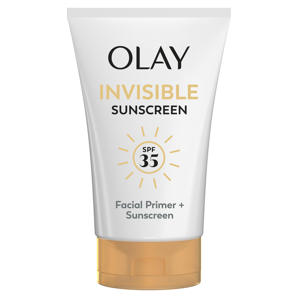 Olay front packaging of Invisible Sunscreen SPF 35 showing compact tube and branding benefit