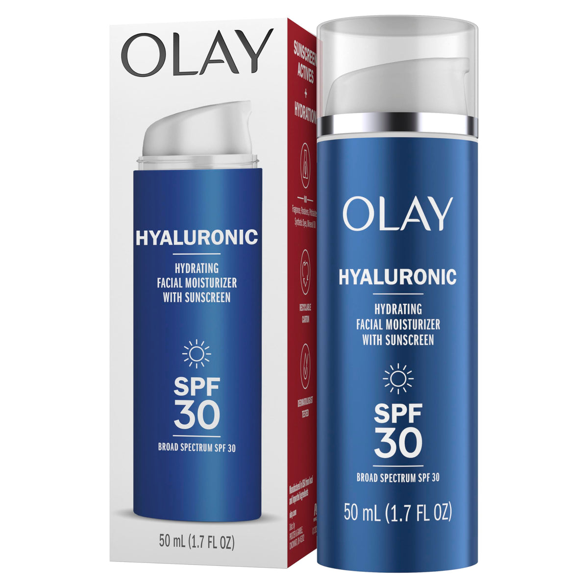 Olay label highlighting clean formula without parabens or fragrances