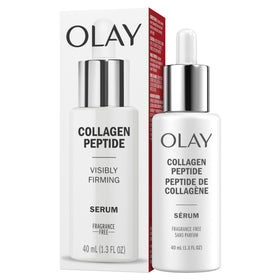 Olay label closeup showing collagen peptide and Vitamin B3+ benefits