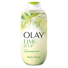 Olay front bottle showing lime bergamot scent and easy-to-read label for freshness