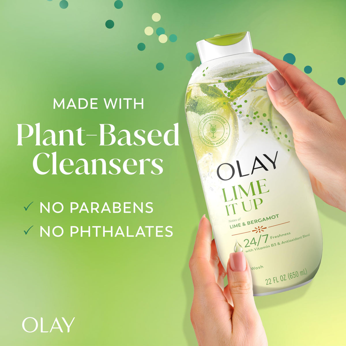 Ingredient panel on Olay bottle showing vitamin B3 and plant-based cleanser benefits