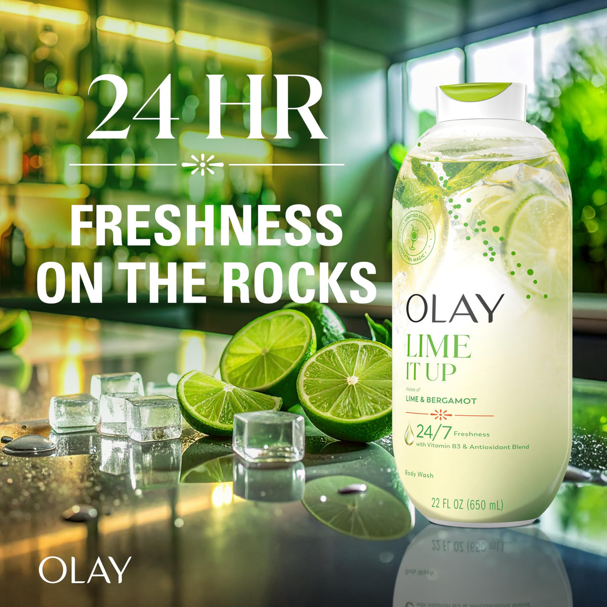 Close-up of Olay pump dispensing body wash highlighting convenient pump benefit