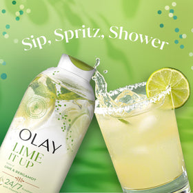 Olay bottle placed on shower shelf showing tidy storage and everyday accessibility