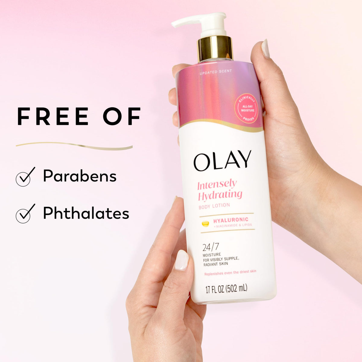 Olay bottle held in hand to show size and portability for everyday routine