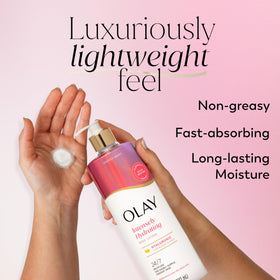 Olay pump dispenser demonstrating easy one-handed application and controlled product use