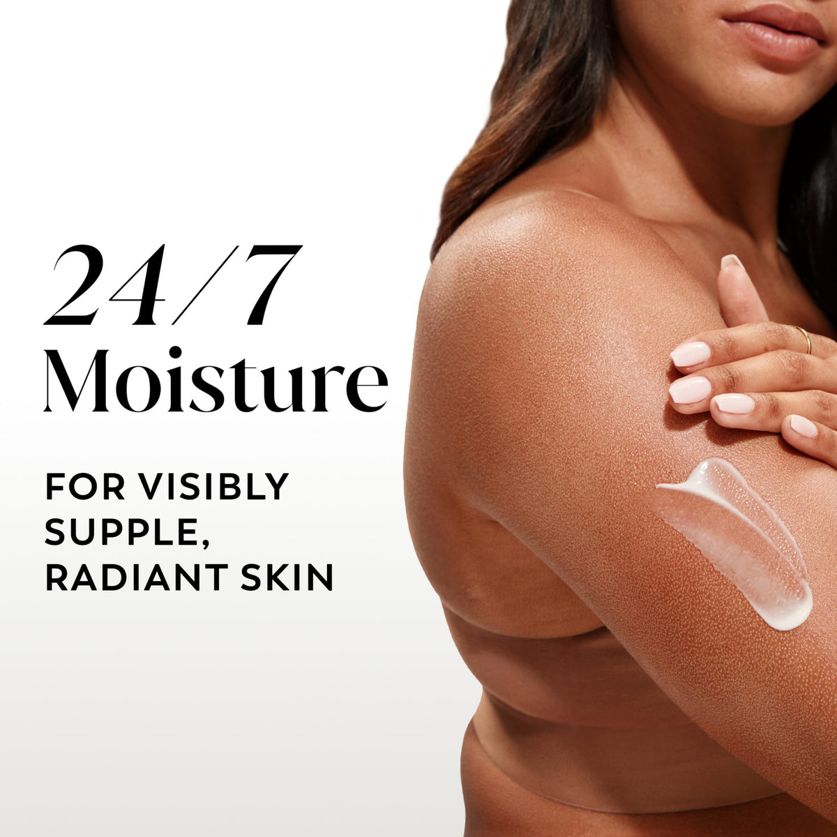 Close-up of Olay lotion texture highlighting creamy, fast-absorbing finish for smooth skin