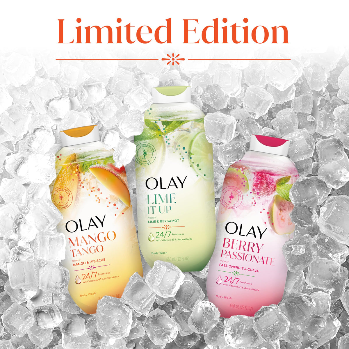 Olay body wash next to Olay lotion for a complete skincare routine