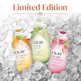 Olay body wash next to Olay lotion for a complete skincare routine