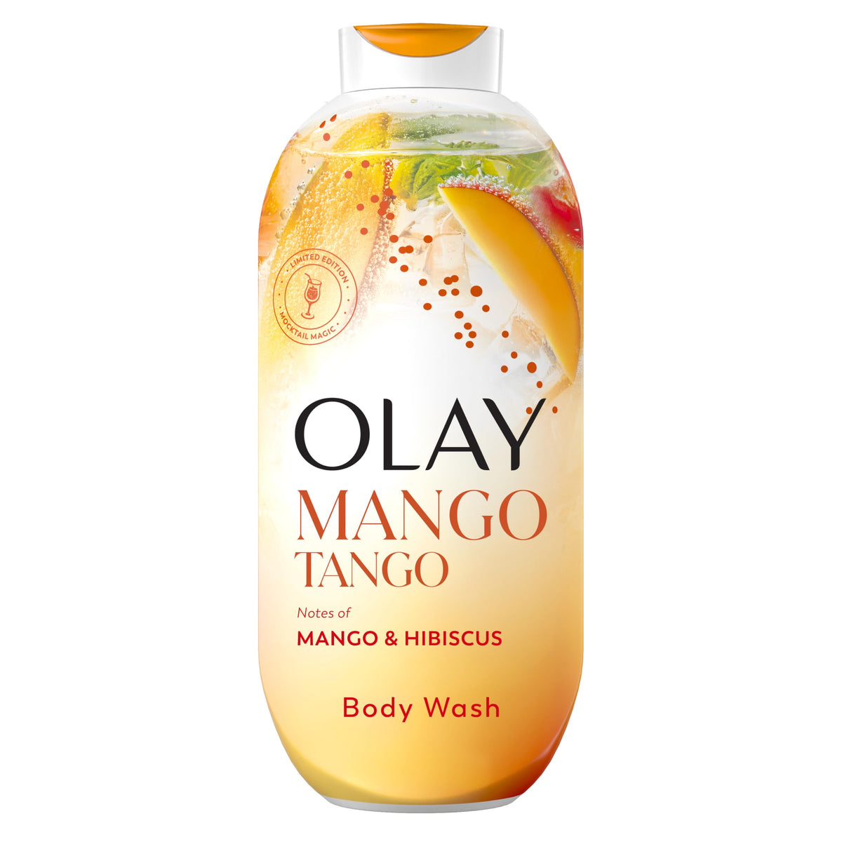 Olay front packaging showing Mango Tango 22 fl oz bottle and label benefits