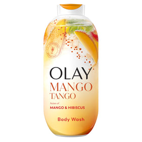Olay front packaging showing Mango Tango 22 fl oz bottle and label benefits