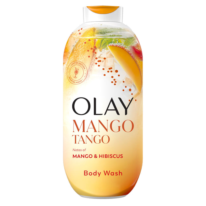 Olay front packaging showing Mango Tango 22 fl oz bottle and label benefits
