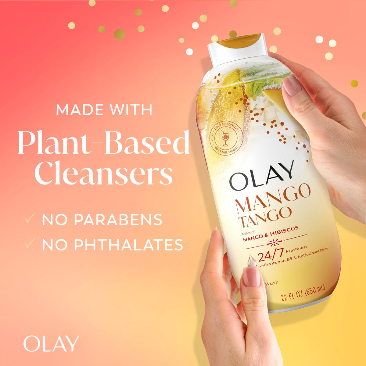 Olay ingredient label showing Vitamin B3 and plant-based cleansers benefits