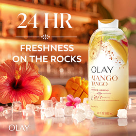 Olay pump dispensing mango tango body wash into hand for easy use