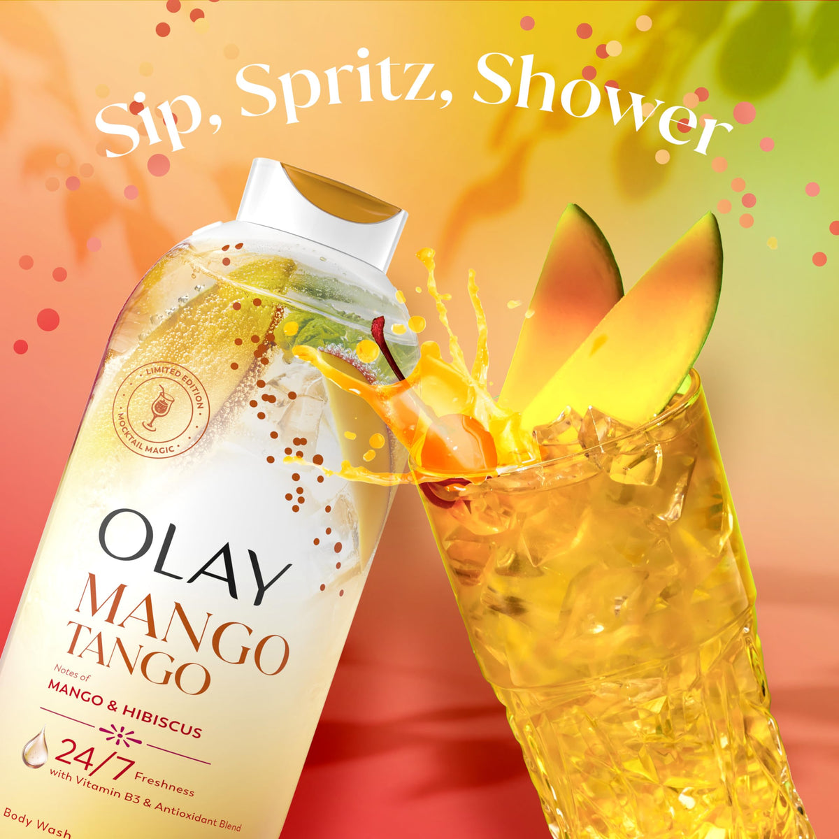 Olay bottle placed on shower shelf demonstrating everyday convenience
