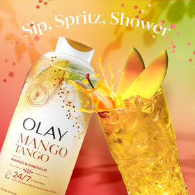 Olay bottle placed on shower shelf demonstrating everyday convenience