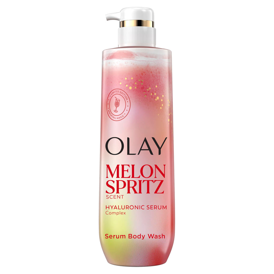 Olay front packaging showing bottle and Melon Spritz scent benefit