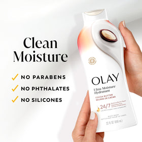 Olay model showing hydrated skin after using the wash