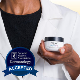 Olay product with niacinamide vitamin C and E icons highlighting antioxidant benefits