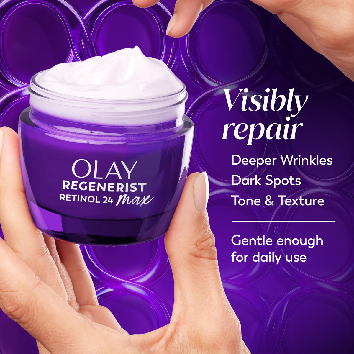 Olay product label detail showing actives like niacinamide and peptides
