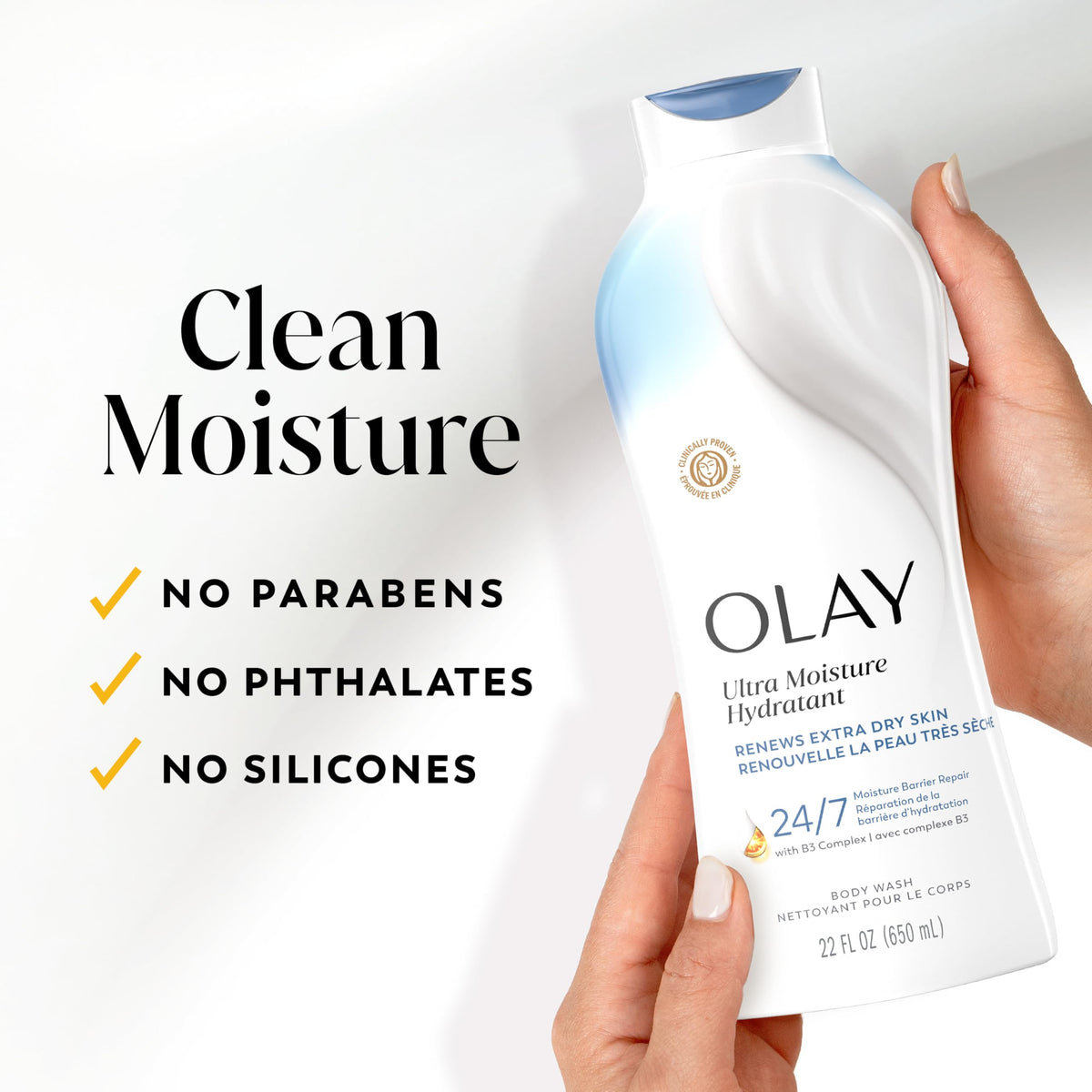 Olay body wash next to Olay lotion depicting a two-step moisturizing routine