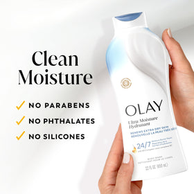 Olay body wash next to Olay lotion depicting a two-step moisturizing routine