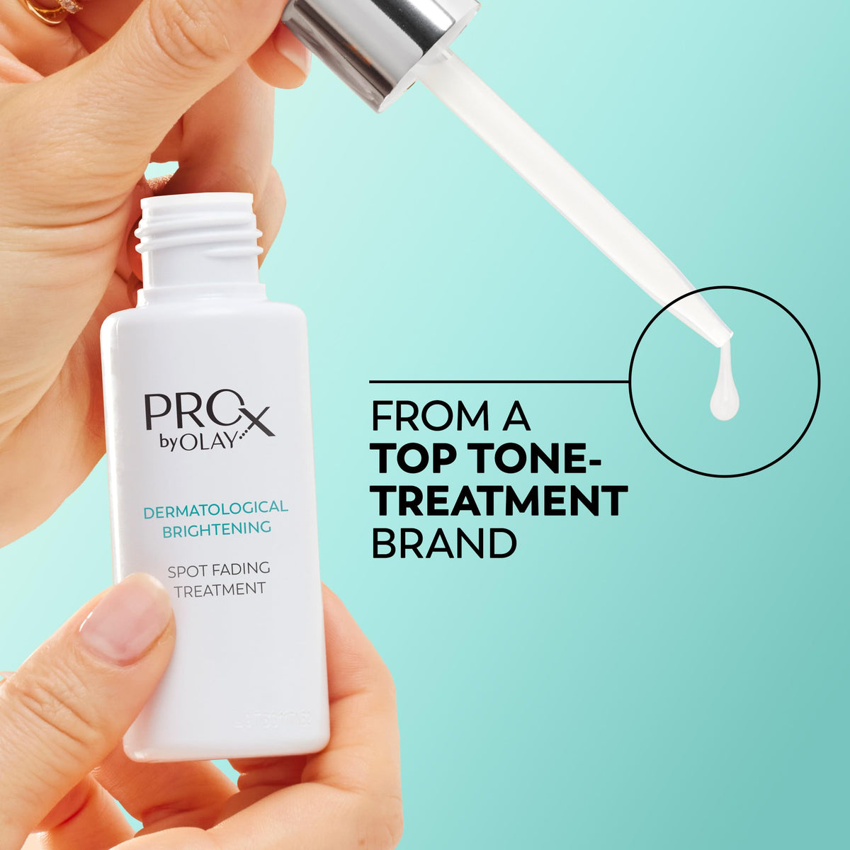 Olay Pro-X bottle on bathroom counter mid-routine, easy-to-use daily regimen benefit