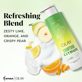 Olay pump dispense droplet highlighting hyaluronic serum benefit