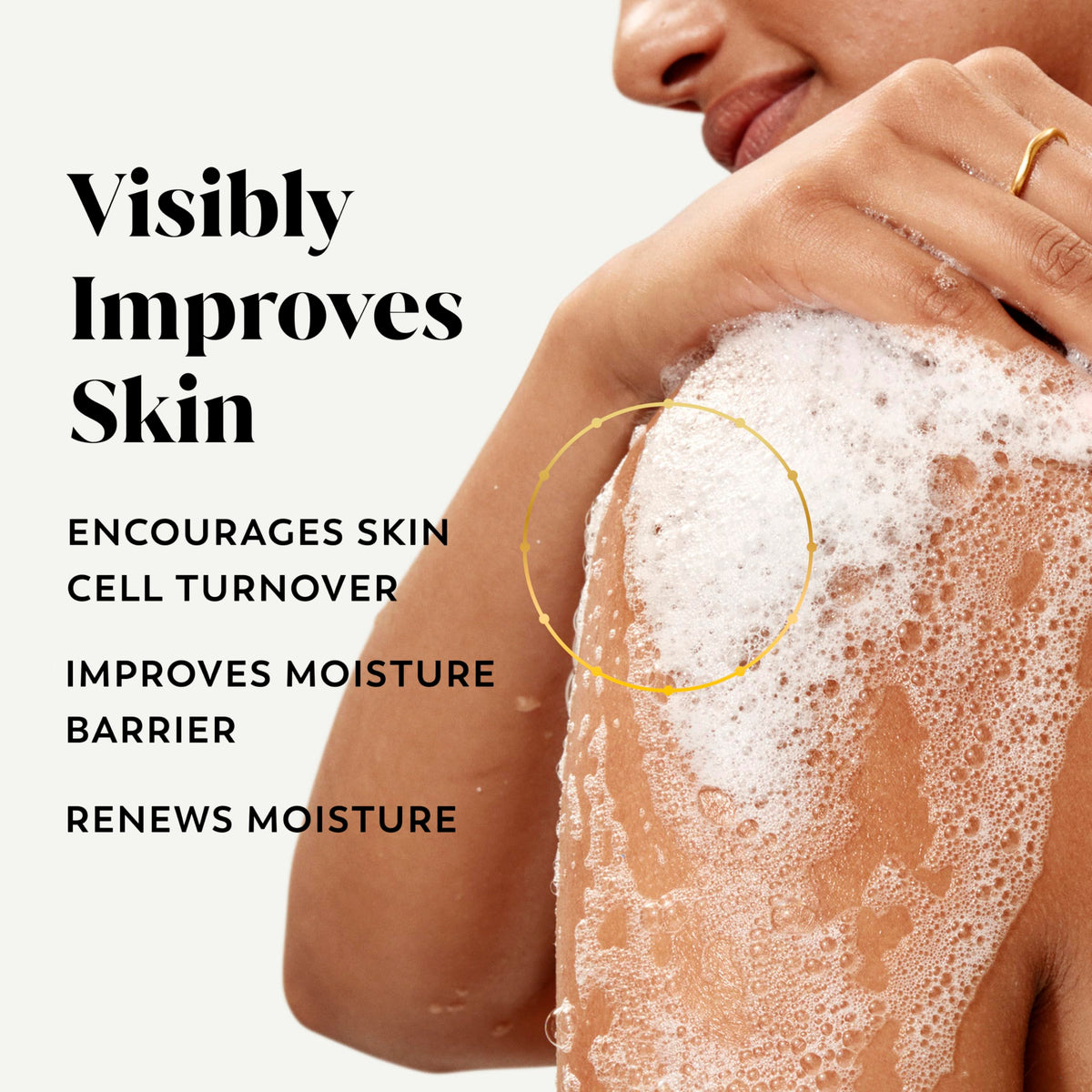 Olay pump dispensing creamy lather that hydrates skin while cleansing