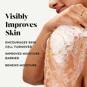 Olay pump dispensing creamy lather that hydrates skin while cleansing