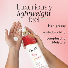 Olay pump dispenser and clear label showing ingredient focus and convenience