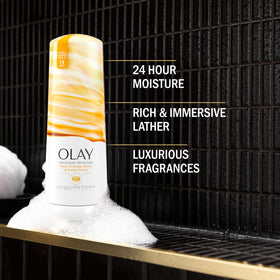 Olay pump dispensing creamy lather that moisturizes and cleanses skin