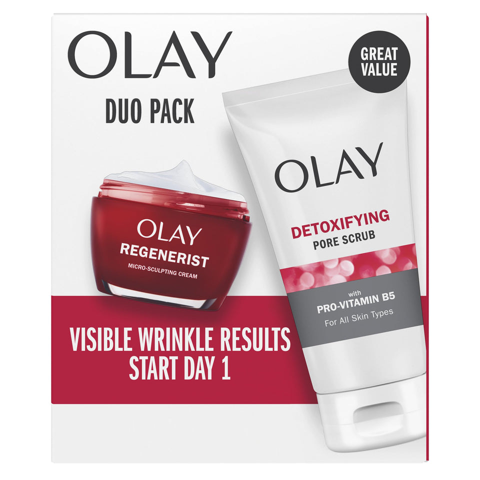Olay duo front packaging showing both cleanser and moisturizer benefits