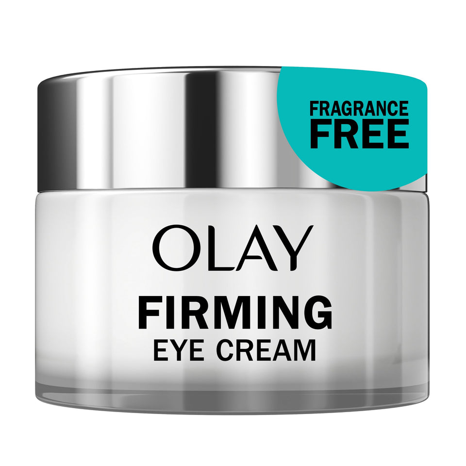 Olay jar front view showing clean packaging and firming eye cream benefit