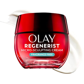 Olay Regenerist front jar showing clean red-and-silver packaging and easy use