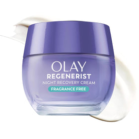 Olay jar front view showing product and benefits for overnight hydration