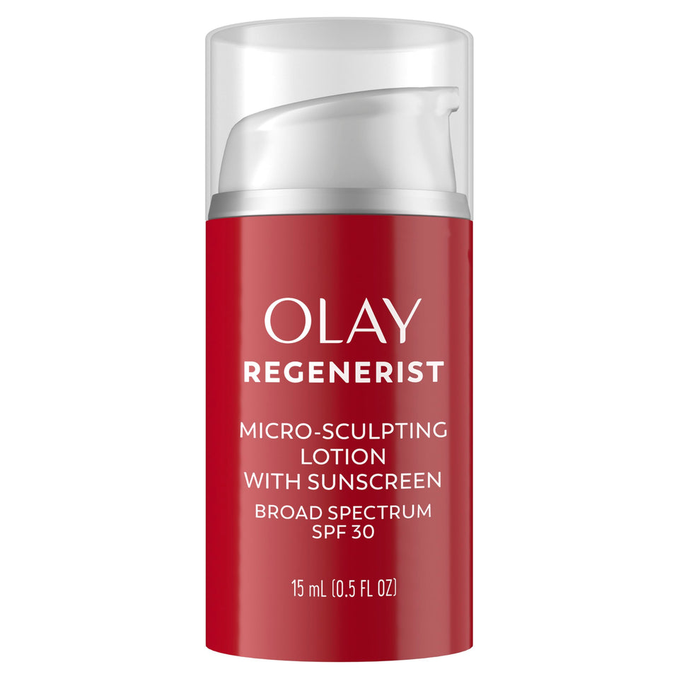 Olay front packaging showing travel-size SPF 30 and skincare benefits