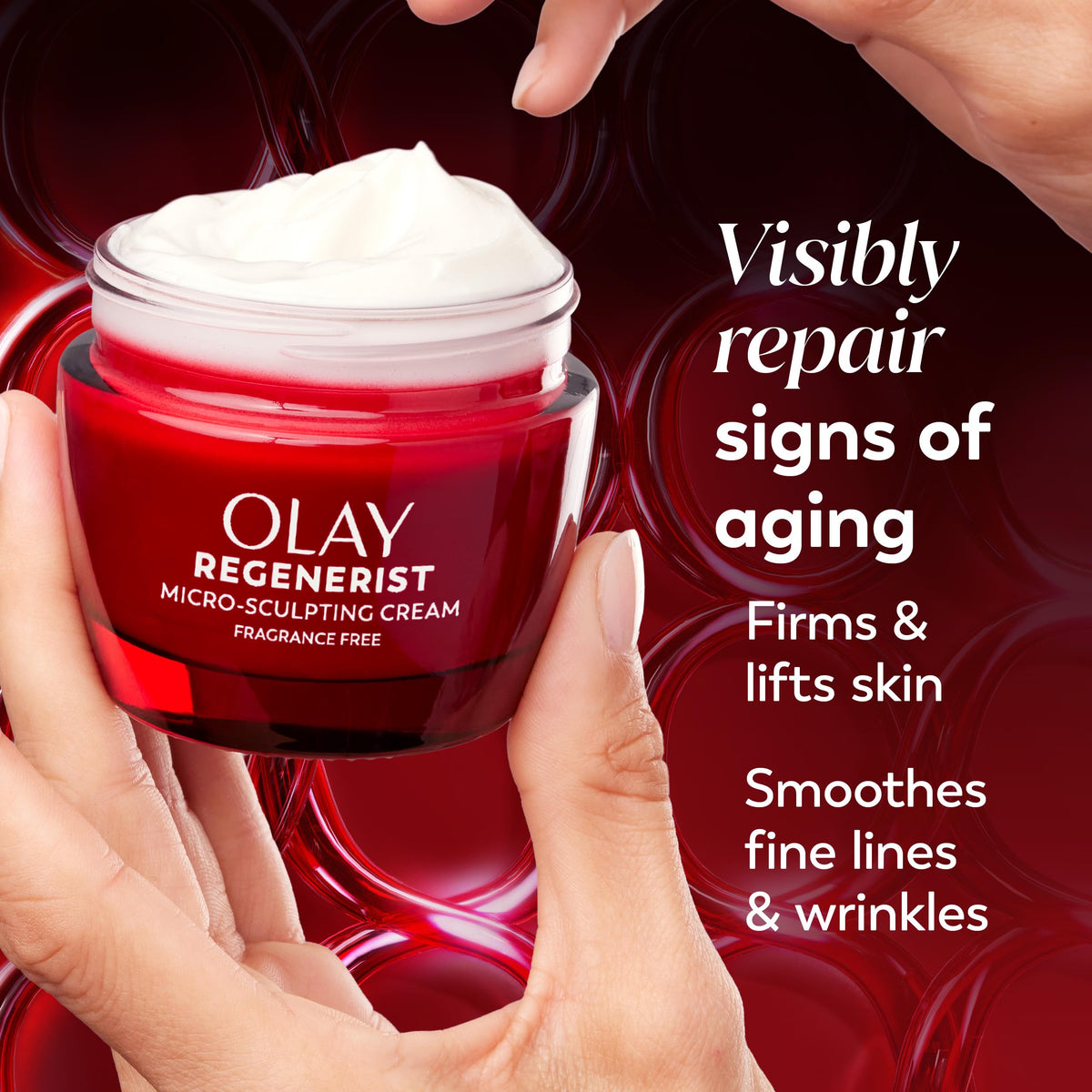 Olay ingredient graphic highlighting peptides, niacinamide, and hyaluronic acid benefits