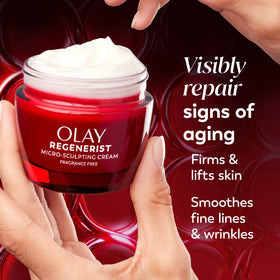 Olay ingredient graphic highlighting peptides, niacinamide, and hyaluronic acid benefits