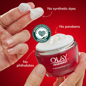 Olay Regenerist on nightstand by pillow illustrating nighttime hydration ritual