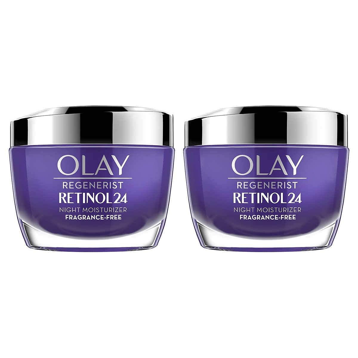 Olay Regenerist jar front view showing brand and overnight rejuvenation benefit