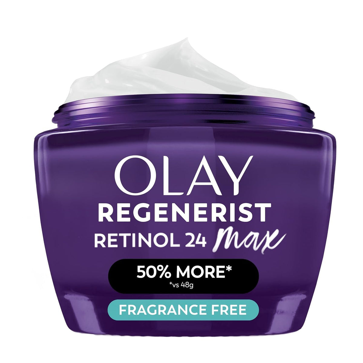 Olay jar front view showing Retinol 24 Max and hydration benefits