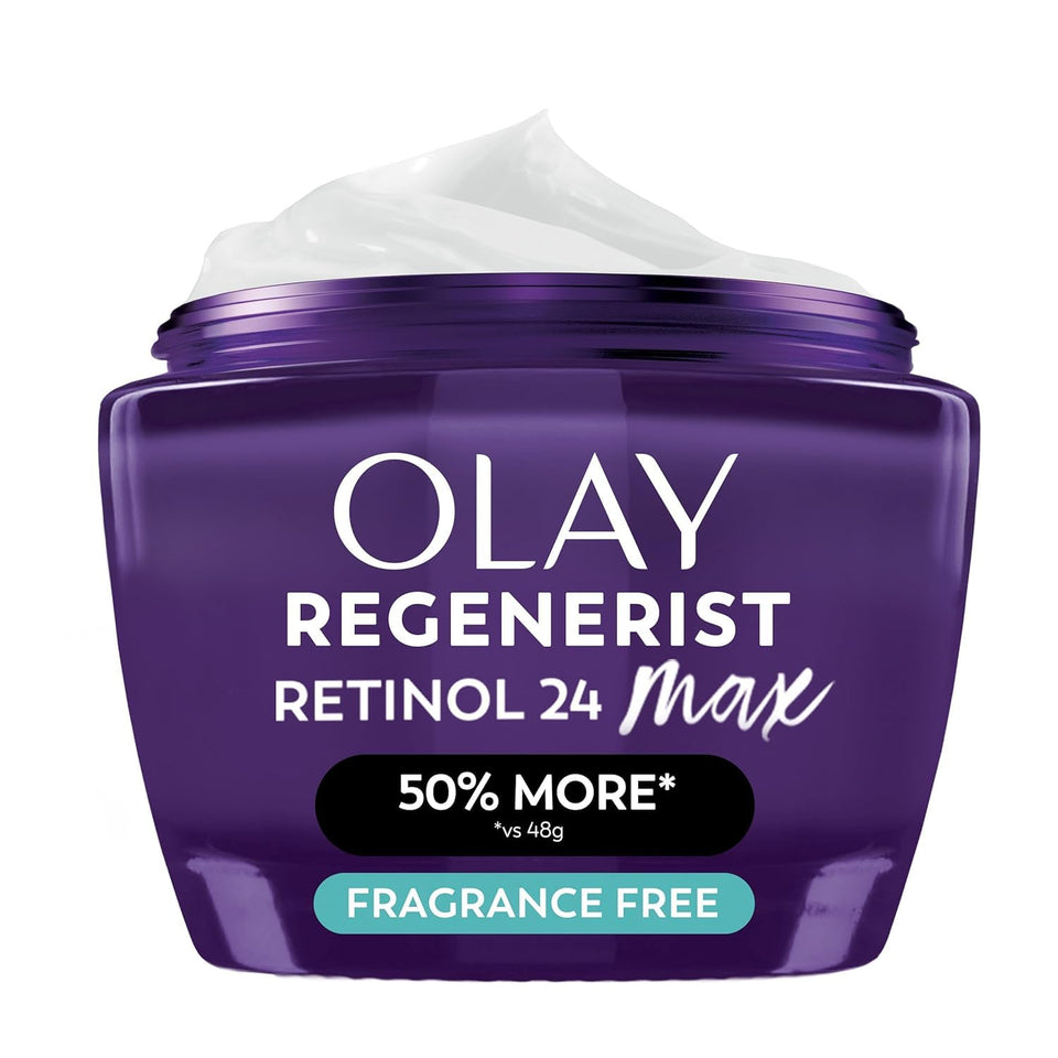 Olay jar front view showing Retinol 24 Max and hydration benefits