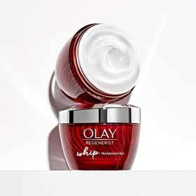 Olay Regenerist Whip placed on a bathroom vanity showing everyday lifestyle convenience