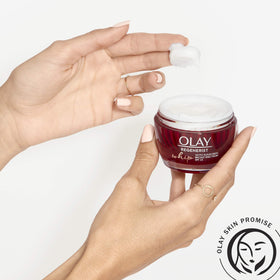Olay Regenerist Whip closeup with peptide-inspired graphic highlighting firming benefit
