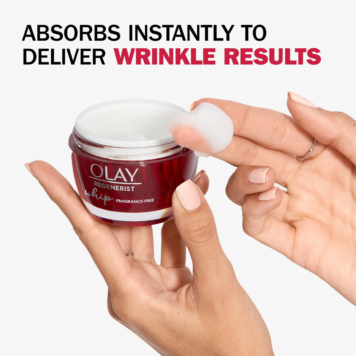 Olay Regenerist Whip open pump with lightweight whipped texture visible for quick absorption