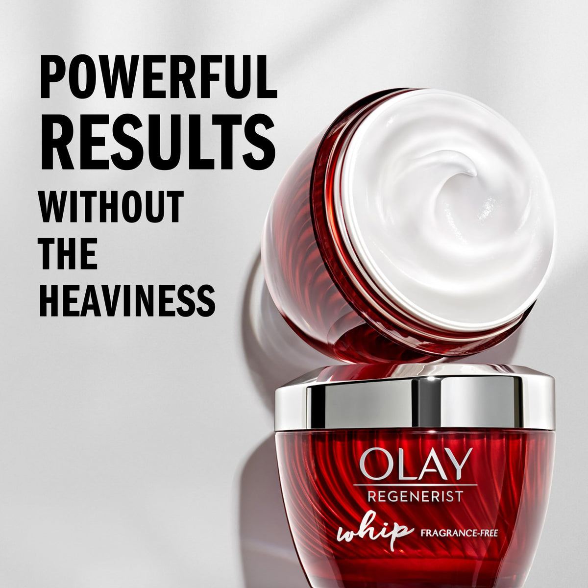Olay Regenerist Whip next to a ruler showing compact 1.7 oz travel-friendly size