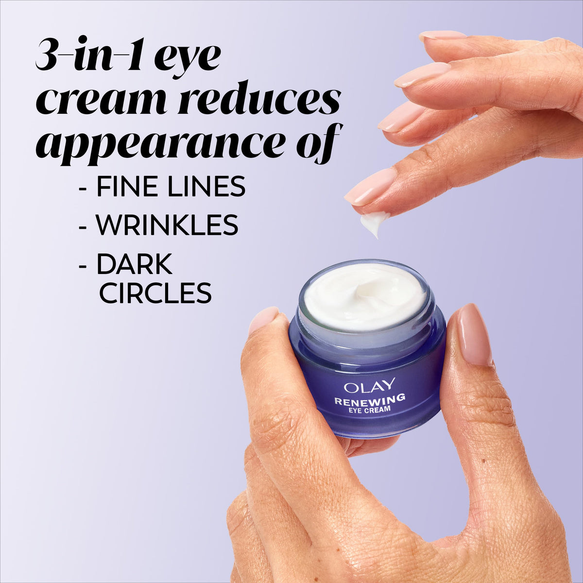 Olay product being gently applied under eye demonstrating soothing application benefit